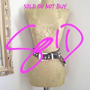 Valencia Western Blk Leather Belt Red White Rhinestones Silver Gold Buckle Small